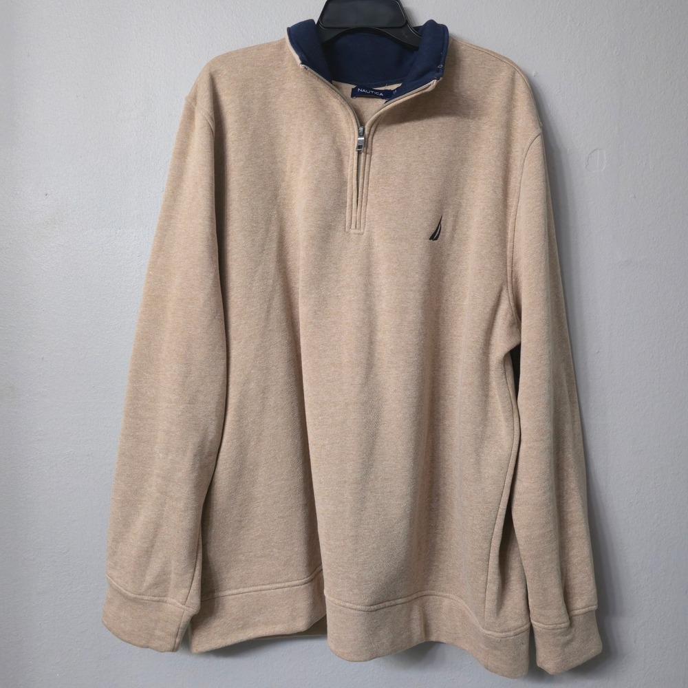 Nautica Mens XXL Tan Heather Quarter Zip Pullover Sweater Navy Trim Logo